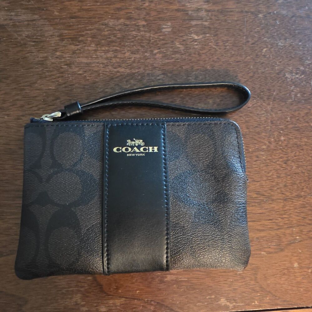 Coach Signature Wristlet Wallet Double Zip Brown Black Coated Canvas F58035
